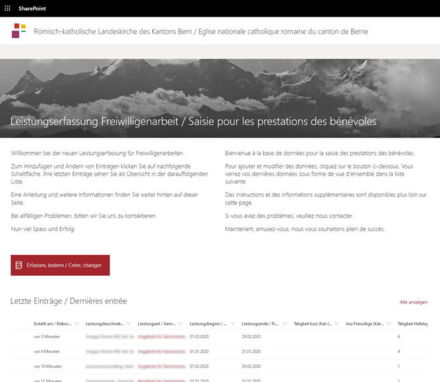 Bild der Startseite für die Leistungserfassung der Frewilligenarbeit